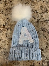 Justice Girls Pom Pom Winter Hat One Size LIGHT Blue Bling A Initial EUC