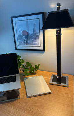 VTG Ralph Lauren Table Lamp Art. Deco Banker/Library Chrome, Leather Wrapped