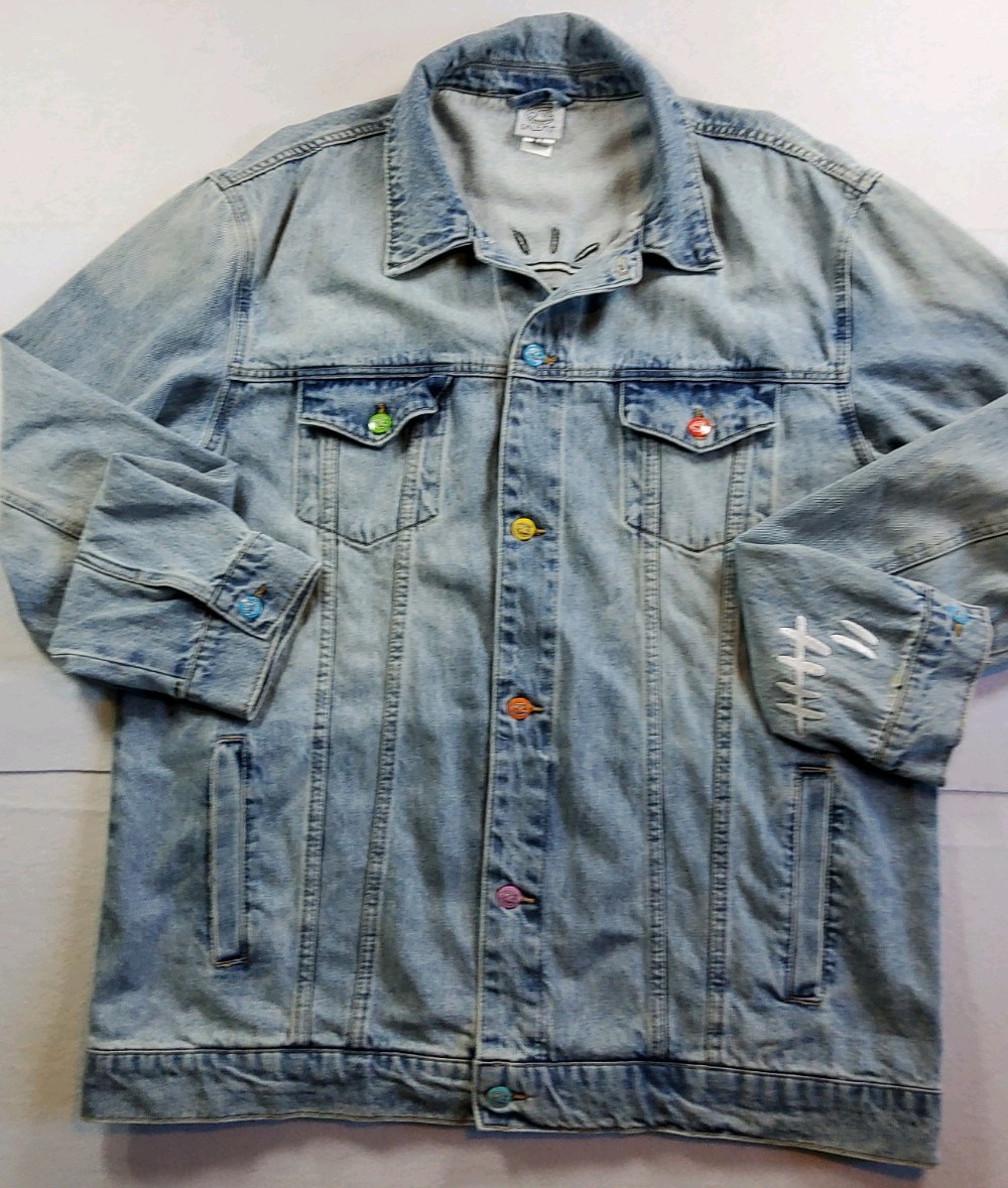 Salem 7 Embroidered Denim Jacket Size XL Blue Oversized Colorful Button Accents