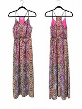 Self Esteem Boho Maxi Dress Pink Purple Tribal Print Racerback Medium