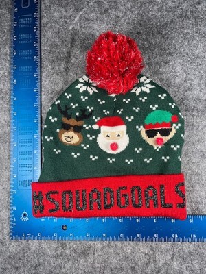 #SquadGoals Christmas Beanie Adult OS Green Knit Acrylic Reindeer Santa Elf Pom