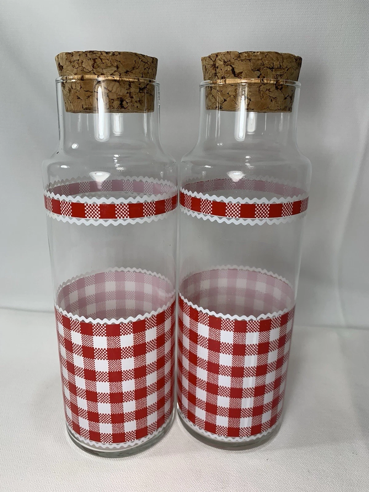 2 Vintage Round Clear Glass Red White Gingham Jar Jars W/ Cork Lid RETRO STYLE