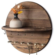 Pine Wood Key Holder Wall Mount – Rustic Wooden Key Hooks for Wall with Shelf...