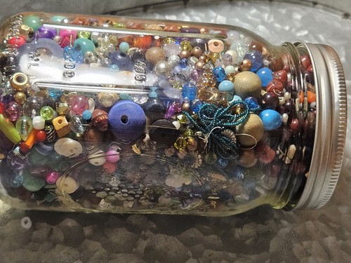 HUGE QUART LOT OF MEDIUM TO SMALL BEADS OF A VARIETY OF MATERIALS INC GLASS WOOD