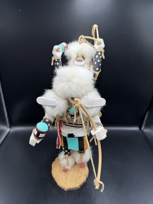Native Navajo weißer Büffel mit Kind weißer Büffel Kachina Puppe 17 Zoll signiert Vintage
