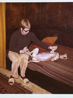   Photo Woman Playing With Dog Greyhound Sofa Scene 1970s Vintage Color Photo 9x9