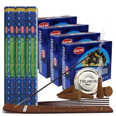 Frankincense Myrrh Incense Sticks & Cone Holder Bundle