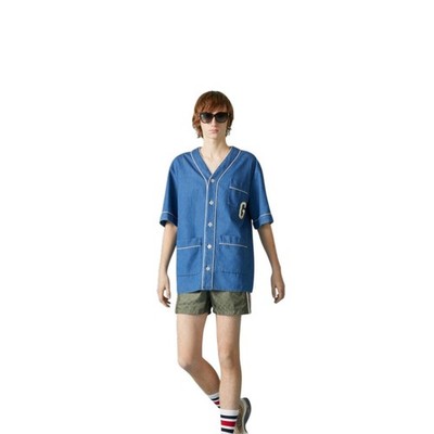 Authentic Men's Gucci Washed Denim Oversized Logo Bowling Shirt