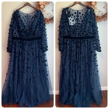 Mac Duggal 68440 Women's Floral Applique Long Sleeve a Line Gown Sz 20W Midnight
