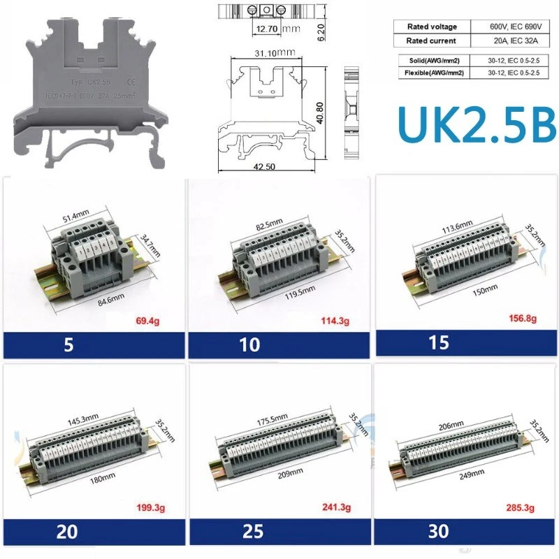 UK2.5N UK2.5B DIN Rail Screw Clamp Terminal Blocks Modular Assembly Kit Strip - Image 3 of 4