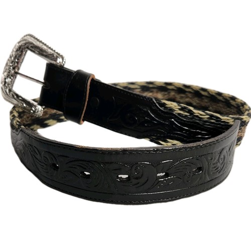 Vtg 3D BELT Braid Horse Hair Style Black Tooled Leather Silver Tone Buckle 30 - Picture 2 of 14