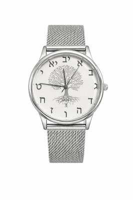 Hebrew Tree of Life Watch 36mm Silver Mesh Band Minimalist Jewelry Gift