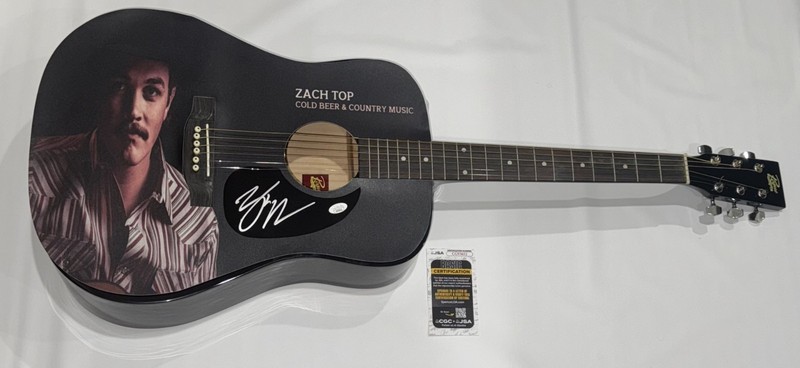 ZACH TOP SIGNED CUSTOM COLD BEER & COUNTRY MUSIC ACOUSTIC GUITAR JSA COA