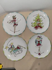 Pottery Barn Set of 4 Rosanna "Santa Baby"  Christmas salad plates Retro
