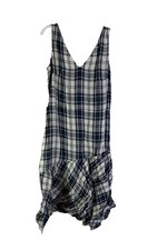 New Nordstrom Signature Linen Blue Plaid Faux Wrap Dress Womens 10