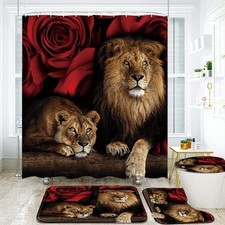 jieprom 4PCS Red Rose and Lion Shower Curtain Bathroom Set with Rugs, Toilet ...