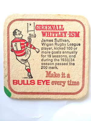 Vintage GREENALL WHITLEY - Bulls Eye (Rugby) ... Cat No'23 Bierdeckel / Untersetzer