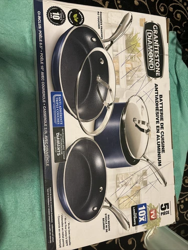 Granitestone Diamond 5 Piece Cookware Set Non Stick Blue Pots Pans Lids  