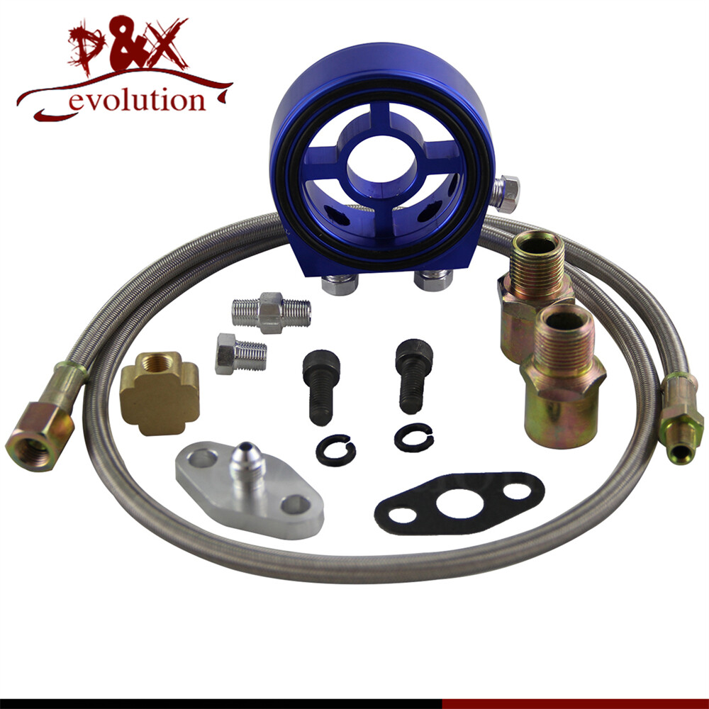 Blue Oil Filter Sandwich Adapter Plate Fitting+ Fuel Line Kit for