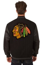 NHL Chicago Blackhawks Wool Leather Reversible Jacket Embroidered Logos Black
