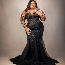 Plus Size Black Mermaid Lace Beaded Wedding Long Sleeves Bridal Gowns