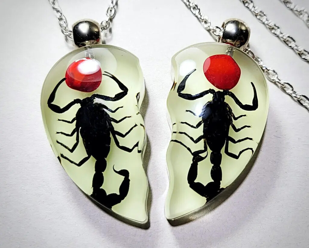 Glow in the Dark Scorpion Heart Necklace Set, Lucky Bean