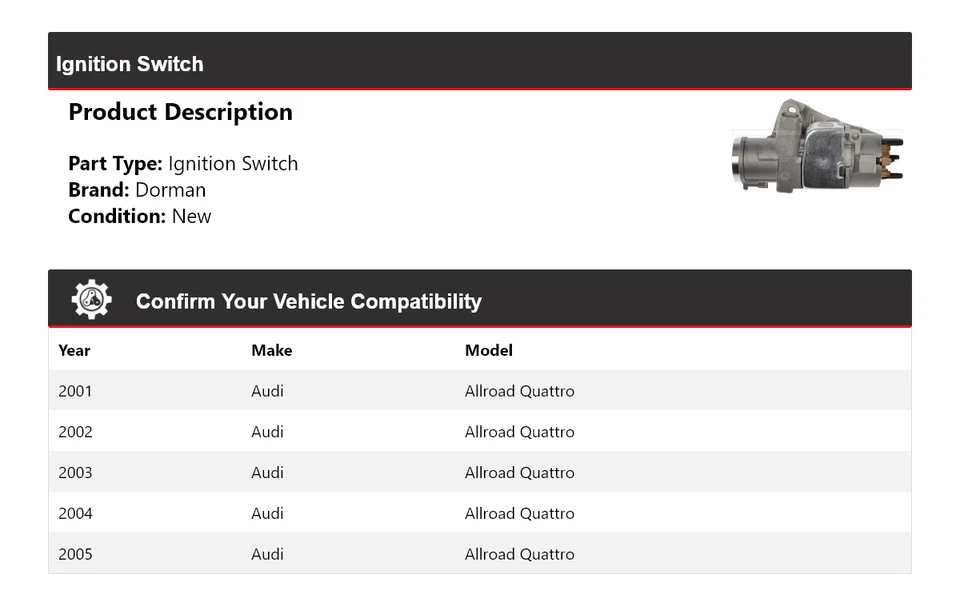 Interruptor de encendido para Audi Allroad Quattro Dorman 2001-2005 2002 2003 2004 Foto 2 de 4