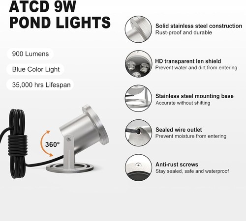 9W LED Underwater Lamp Blue Lighting IP68 12V Low Voltage Stainless Lamp - Picture 6 of 6