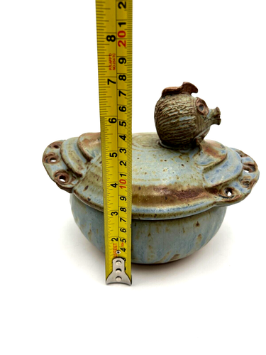 Art Pottery Covered Serving Dish Rustic Quirky Blue Glaze Signed by Artist - Picture 10 of 11
