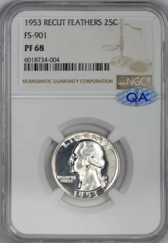 1953 Proof Washington Quarter Recut Feathers FS-901 engraved NGC PF68 QA  734004