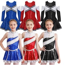 Kids Girls Cheer Leader Uniform Sequins Jazz Dresses Performance Costume