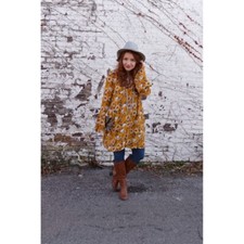 Xhilaration Floral Print Dress Long Sleeve Button Front Mustard Yellow S