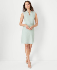 NEW ANN TAYLOR $149 AQUA GREY LINEN BLEND BELTED V-NECK DRESS SZ 4