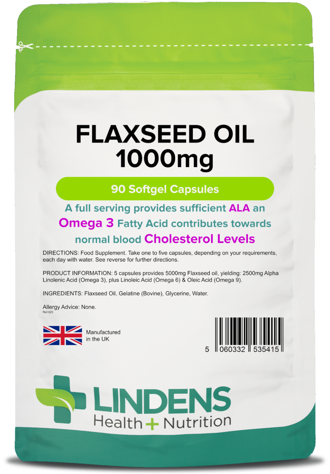 Lindens Flaxseed Oil 1000mg 90 Capsules Omega 3 6 9 Flax Linseed
