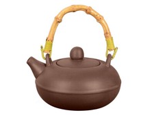 Yixing Ton Teekanne / Kaffeekanne 350ml, handgefertigt, glatt, mit Bambushenkel