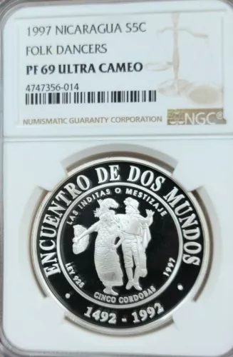 1997 NICARAGUA SILVER 5 CORDOBAS FOLK DANCERS NGC PF 69 ULTRA CAMEO BEAUTIFUL