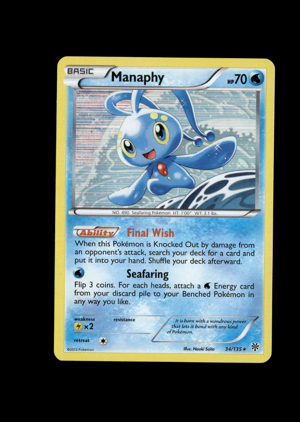 Pokemon 2012 Moderate Play Manaphy 34/135 Plasma Storm Holo Card