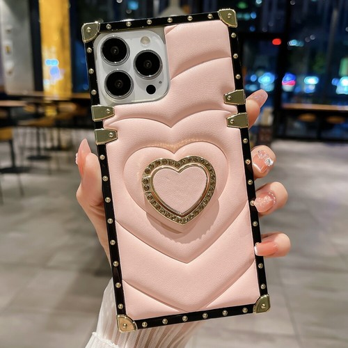 Love Heart Down Jacke Leder Quadratische Hülle Cover Ring Ständer für iPhone Samsung - Bild 16 von 16
