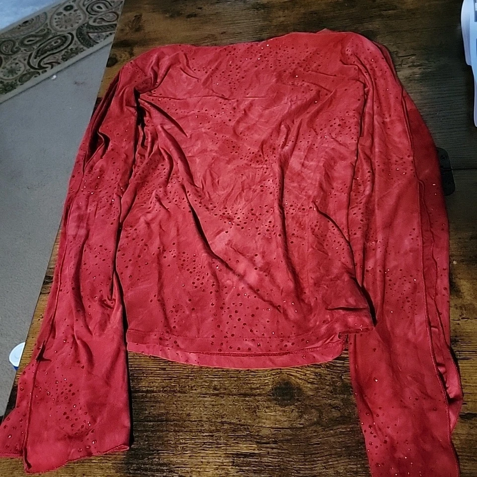 Blusa tocador para mujer roja transparente manga larga recortada y abertura con lentejuelas XL Foto 2 de 3