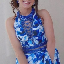 Rachel Allan Blue Floral Print 2-Piece Beaded Mini Prom Dress
