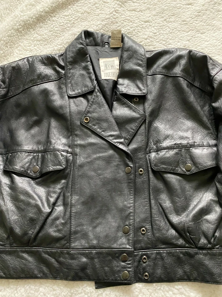 Together! Women Genuine Leather 3/4 Sleeve Snap Button Jacket Black Size M - Image 3 of 4