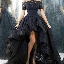 Black Gothic Wedding Dress Hi-Low Off Shoulder A-Line Lace Bridal Gown Plus Size