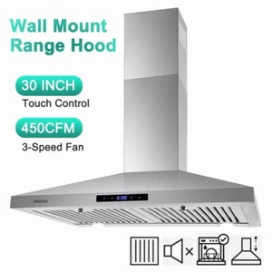 450CFM 30 inch Wall Mount Range Hood Acier inoxydable Vent 3-Speed Toucher le panneau
