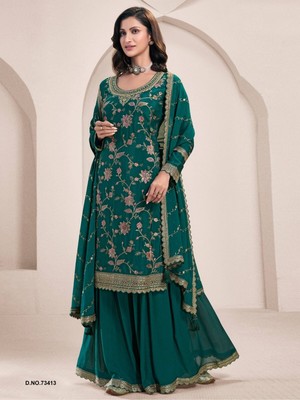 Abito Da Festa Indiano Giallo In Georgette, Set Palazzo E Choli Ricamato, Taglia XL - Naksh Fashions