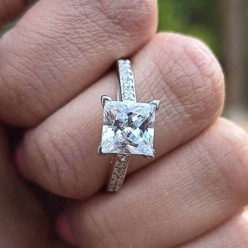 2,86 TCW Princess Cut farbloser Moissanit Ring für Damen 14k Weißgold vergoldet - Bild 3 von 7