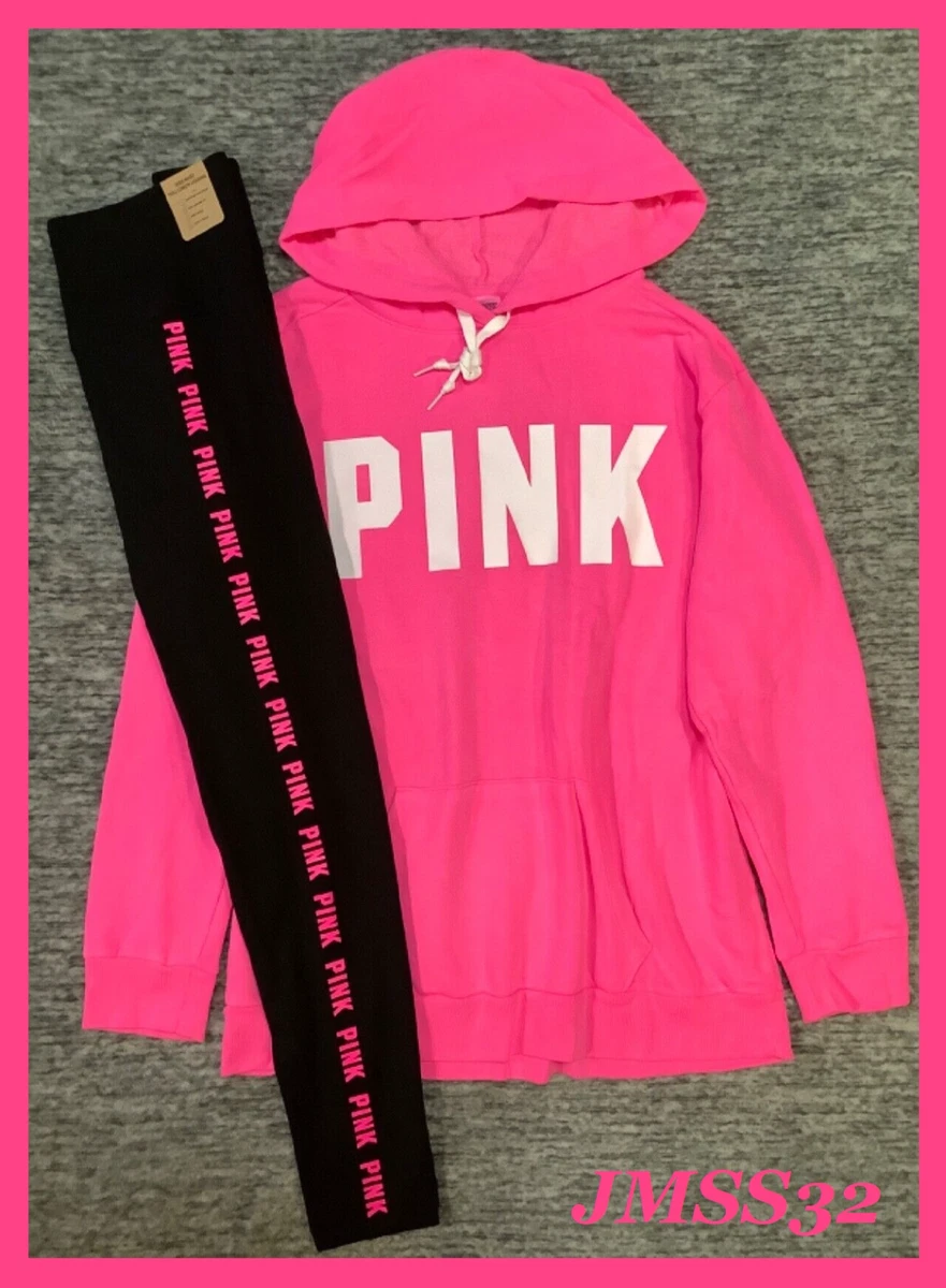 Victoria's Secret Pink Campus Hoodie + Leggings Set Neon Atomic Pink Black  L NWT