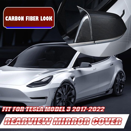 Carbon Fiber Look Horn Rear View Side Mirror Cover Fits Tesla Model 3 2017-2023 - Picture 5 of 10