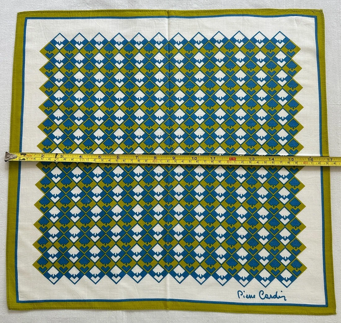 Vintage Men Handkerchief Cotton Green Blue Midcentury Modern Pocket Square 17"~P