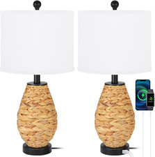 Set of 2 Coastal Seagrass Table Lamps with USB Charging Ports, 24