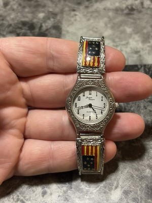 Women s Jacques DuMan Patriotic Quartz Watch   Enamel Flag Panels   Stretch Band